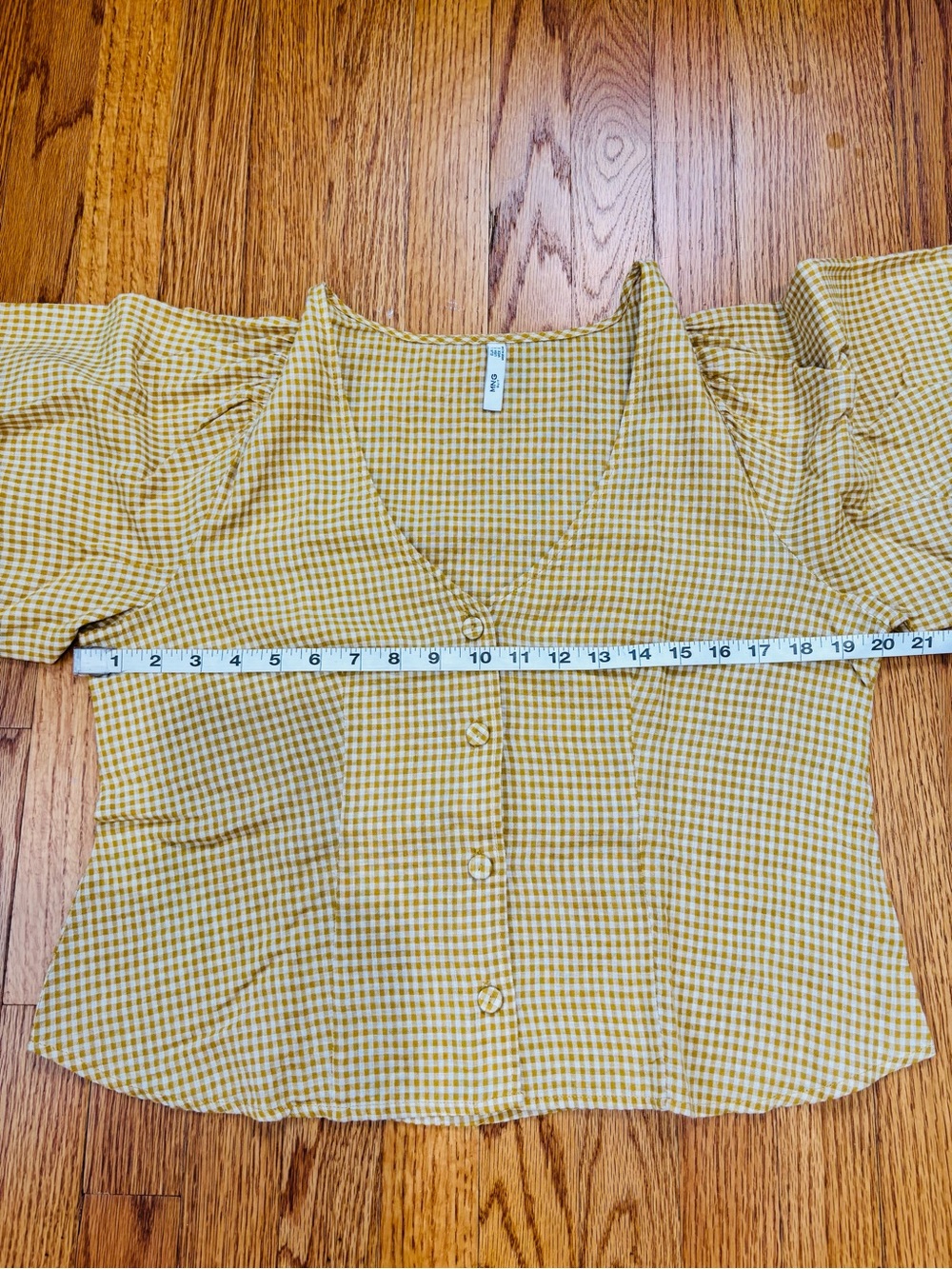 Mango lagenlook mustard gingham V-neck puff sleeve button up resort crop blouse - Picture 11 of 16